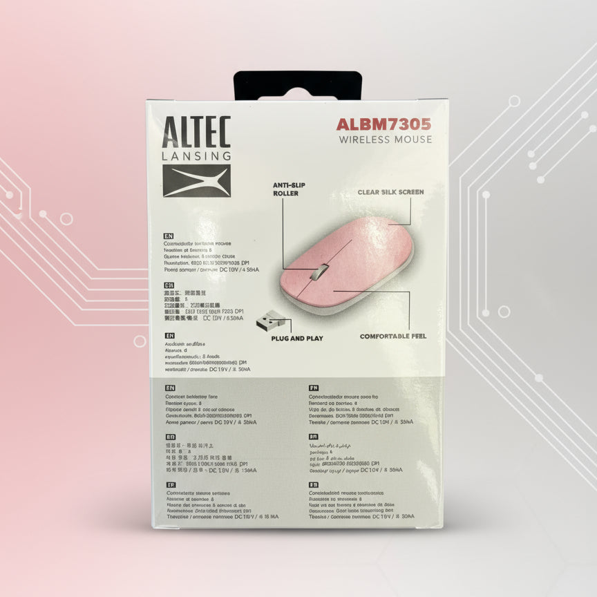 Hand holding a package of a wireless mouse with a store shelf in the background