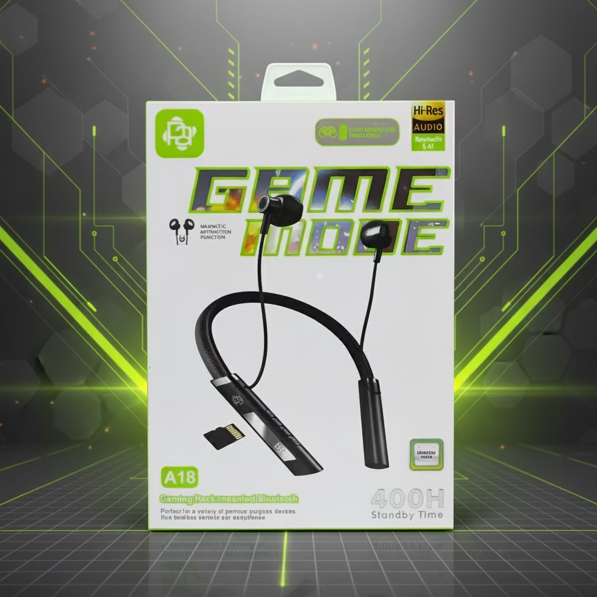 Packaged neckband headphones with 'Game Mode' branding held by a person.