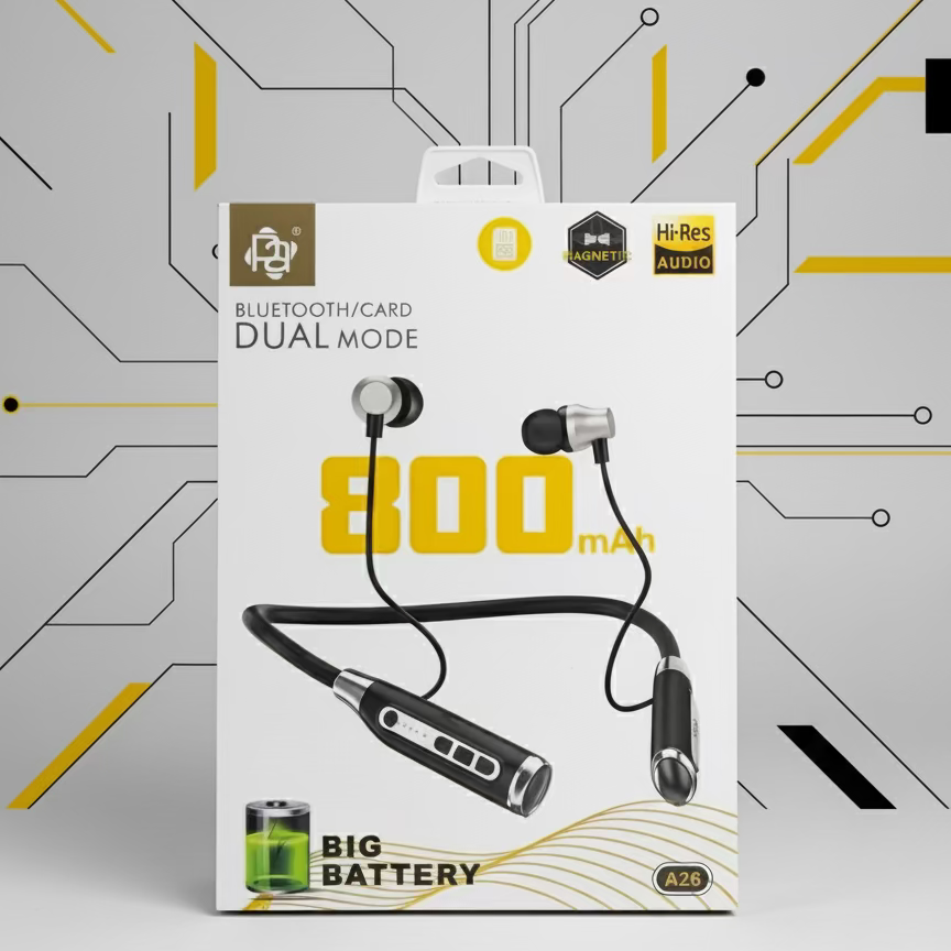Packaged Bluetooth earbuds with 800mAh battery capacity held in a hand.