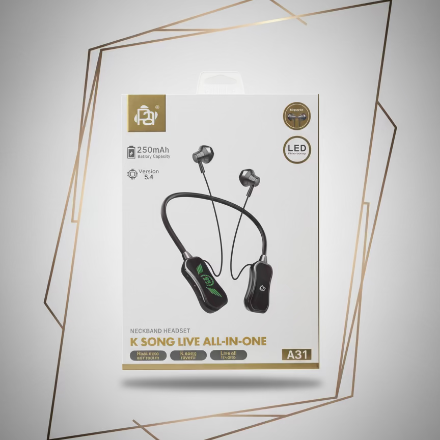 Neckband headset packaging with product details on a blurred background