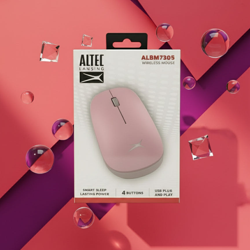 Pink computer mouse on a white box held by a hand with a blurred store background