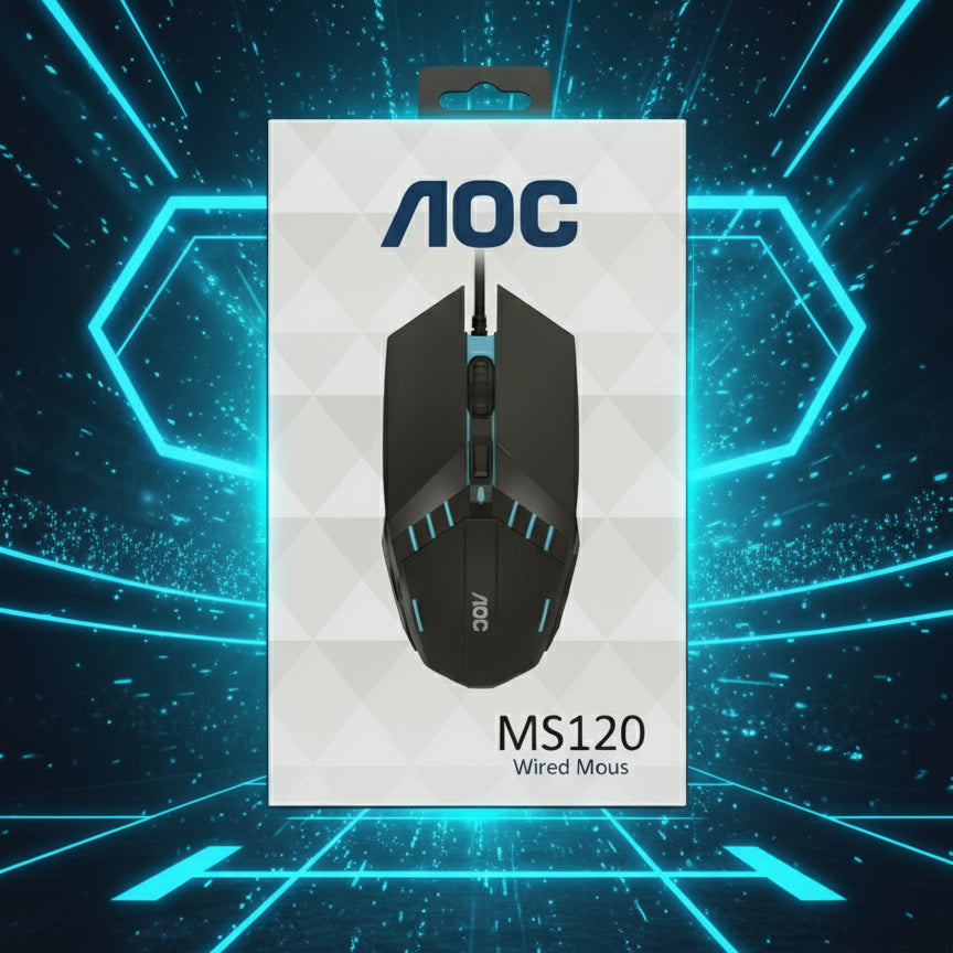 AOC MS120 gaming mouse box held in a store setting