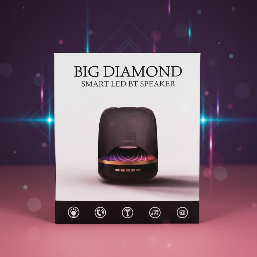 Box of a 'Big Diamond' smart LED BT speaker held in front of a store shelf with various electronic items.