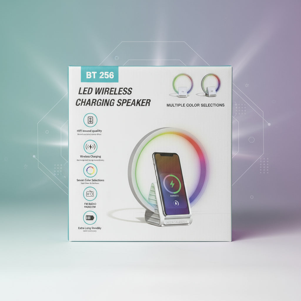 Box of LED wireless charging speaker with colorful design on a white background