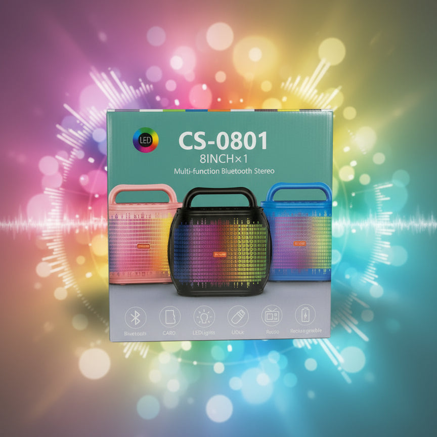 Box of a multi-function Bluetooth speaker with colorful design on a shelf.