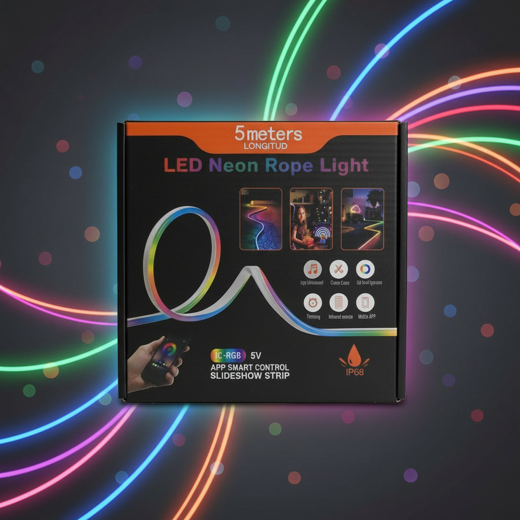 Packaged LED Neon Rope light with colorful design on a white background
