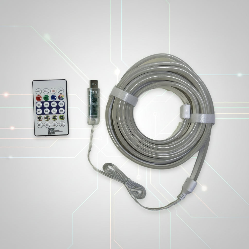 Coiled LED strip light with remote control on a white background