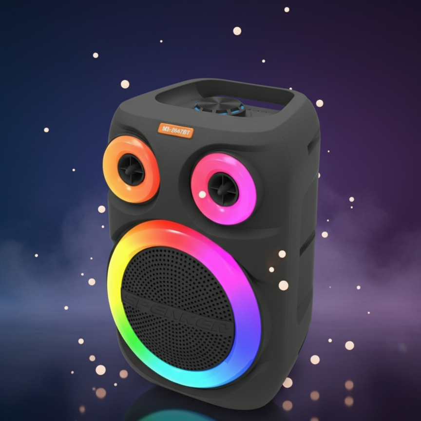 Black portable speaker with colorful LED lights on a white background