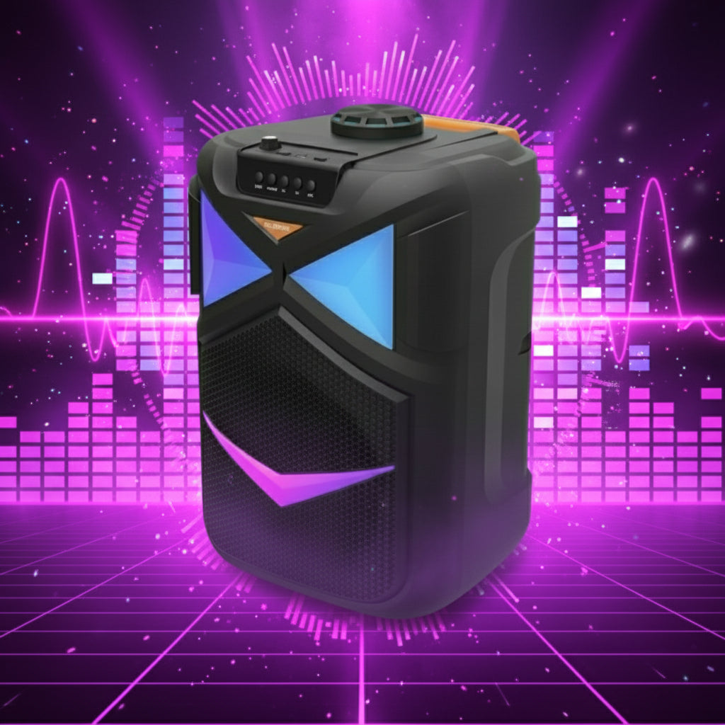 Portable speaker with colorful LED lights on a white background