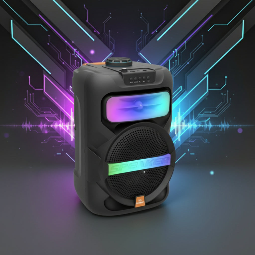 Portable speaker with colorful LED lights on a white background