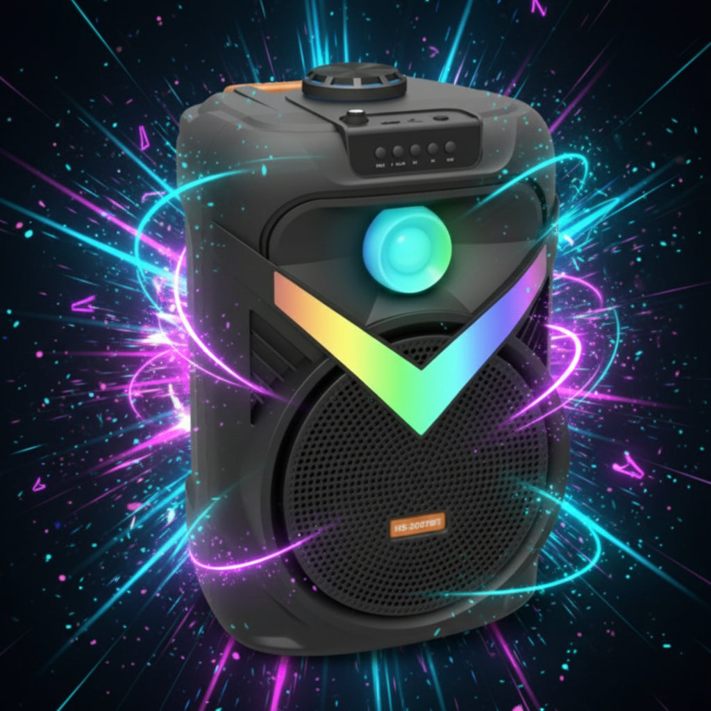 Portable speaker with RGB lighting on a white background