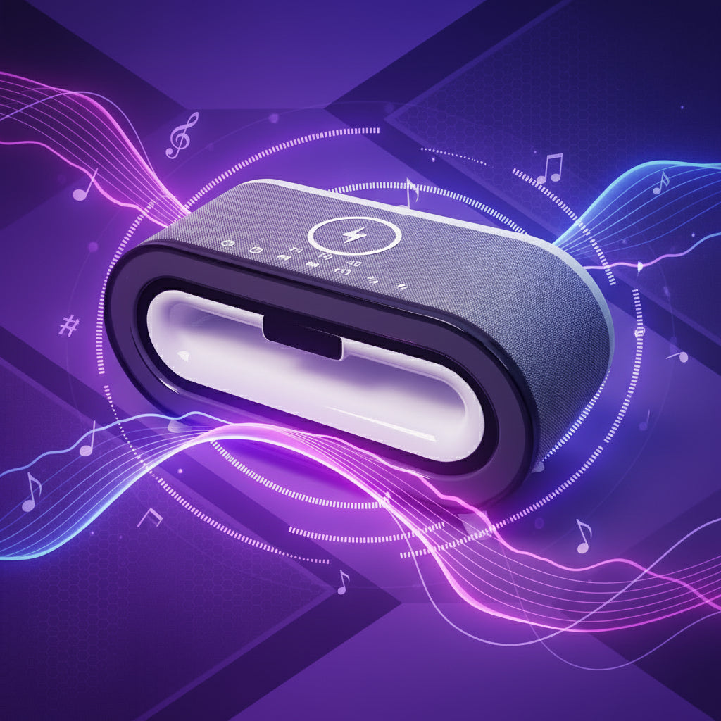 Gray and black electronic device with a circular design on a white background