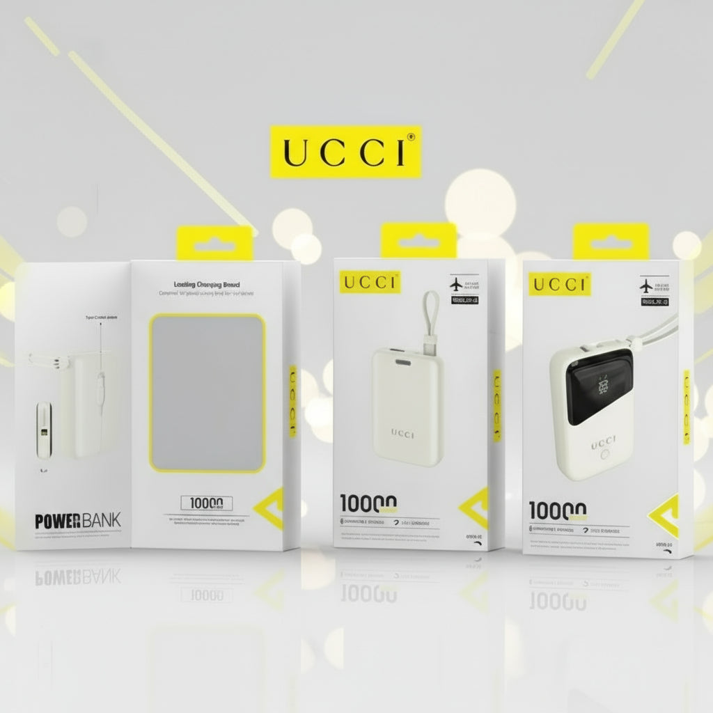 Three UCCI power bank packaging on a white background