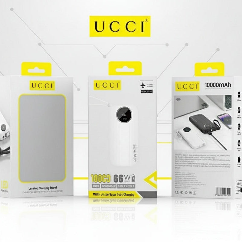 UCCI branded power bank packaging on a white background