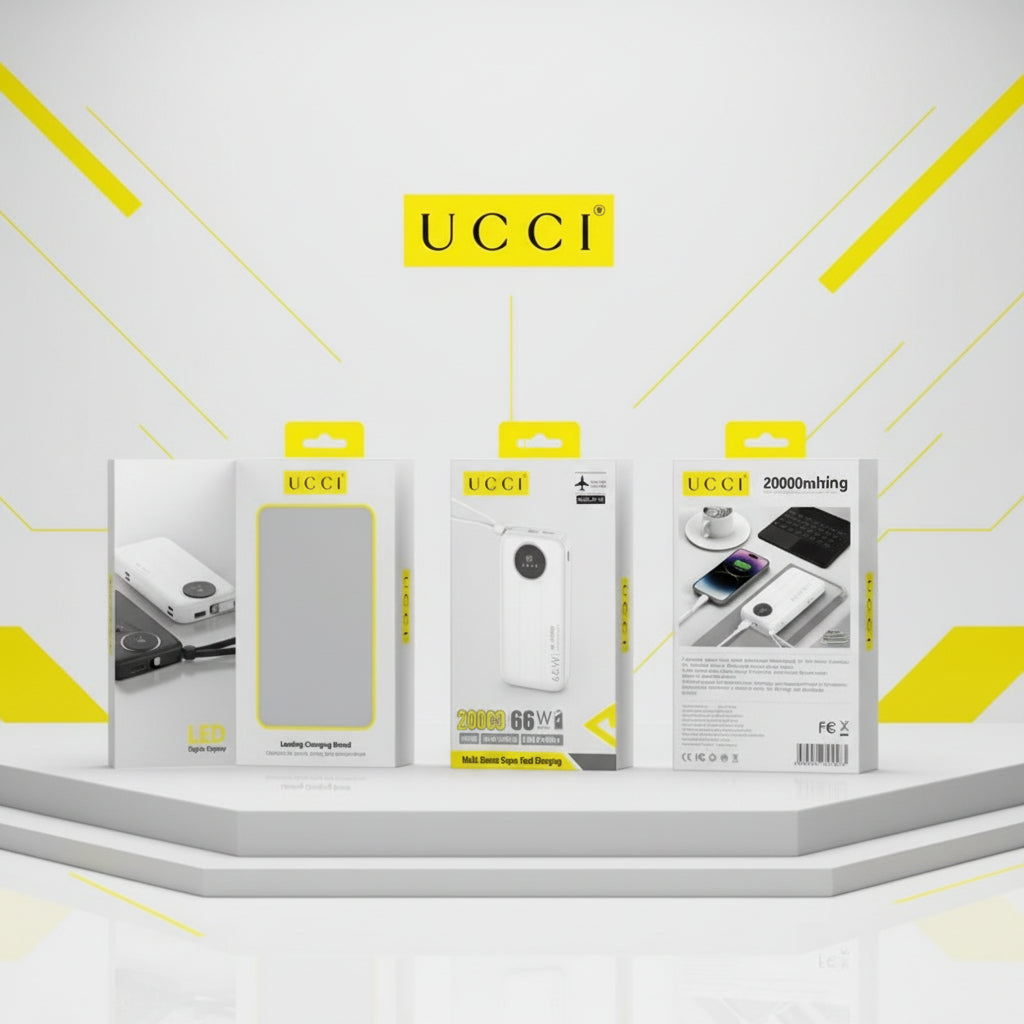 UCCI power bank packaging with product images on a white background