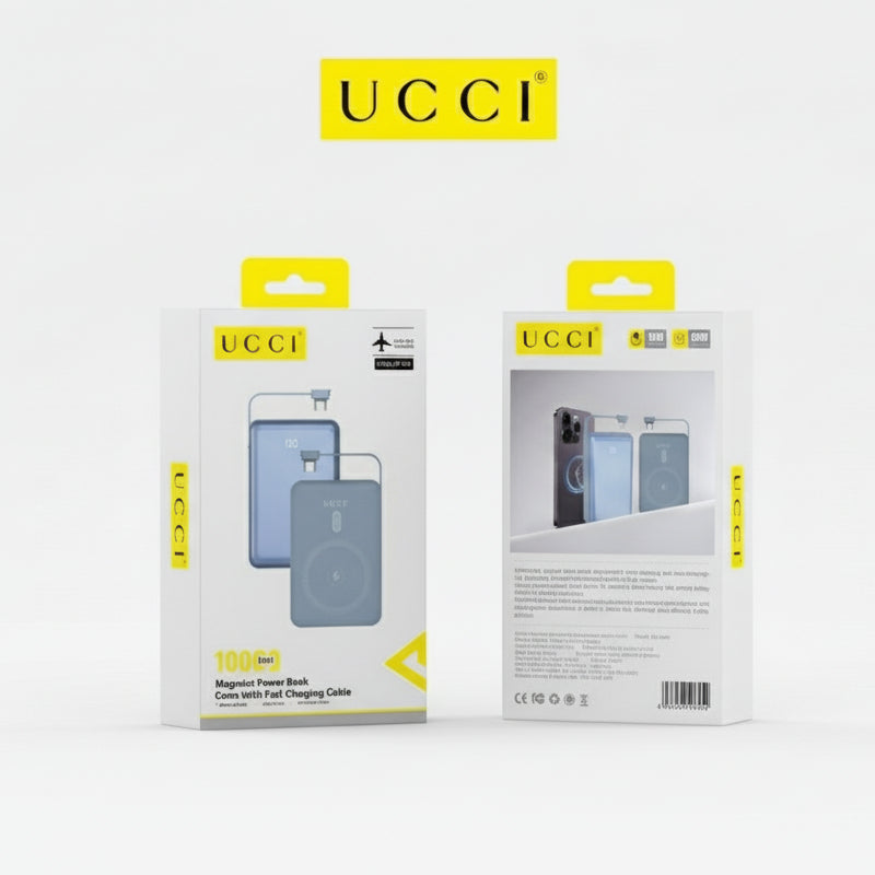 Packaging of UCCI wireless power bank with yellow accents on a white background