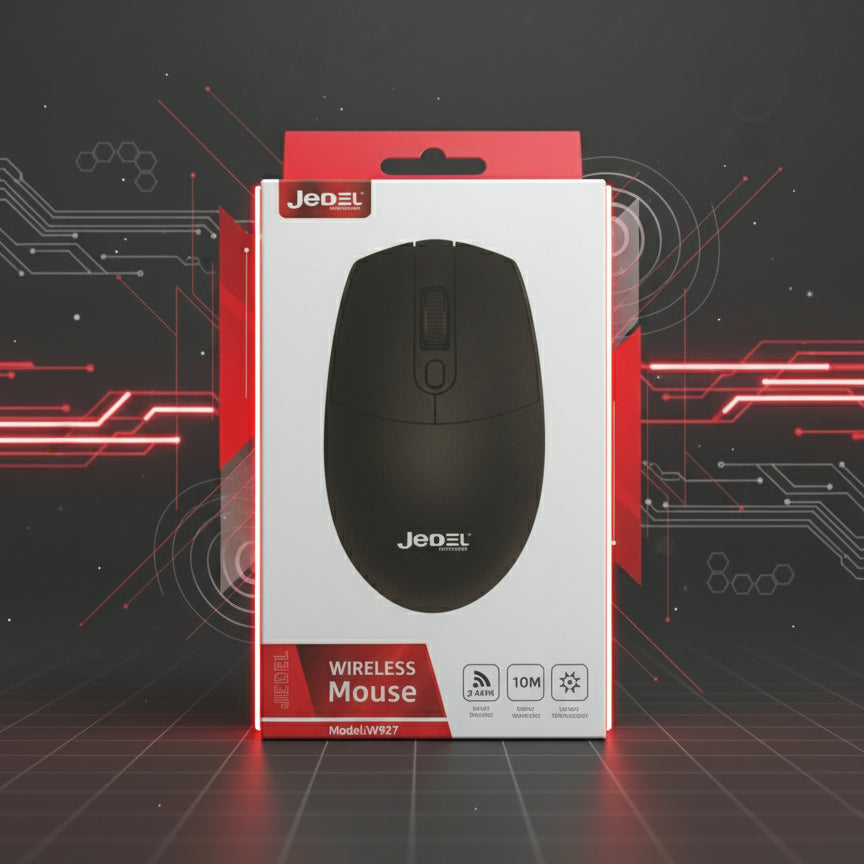 Hand holding a box of a wireless mouse with 'Jedel' branding in a store setting.