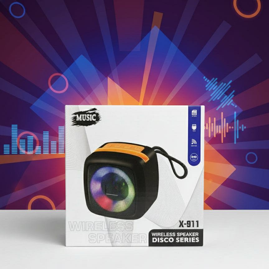 Box of a wireless speaker with colorful LED lights on a store shelf.